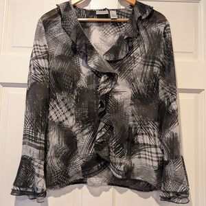 Chico's Sheer Black White Bell Sleeves Size 1 Monochrome Ruffled Blouse Y2K 90s